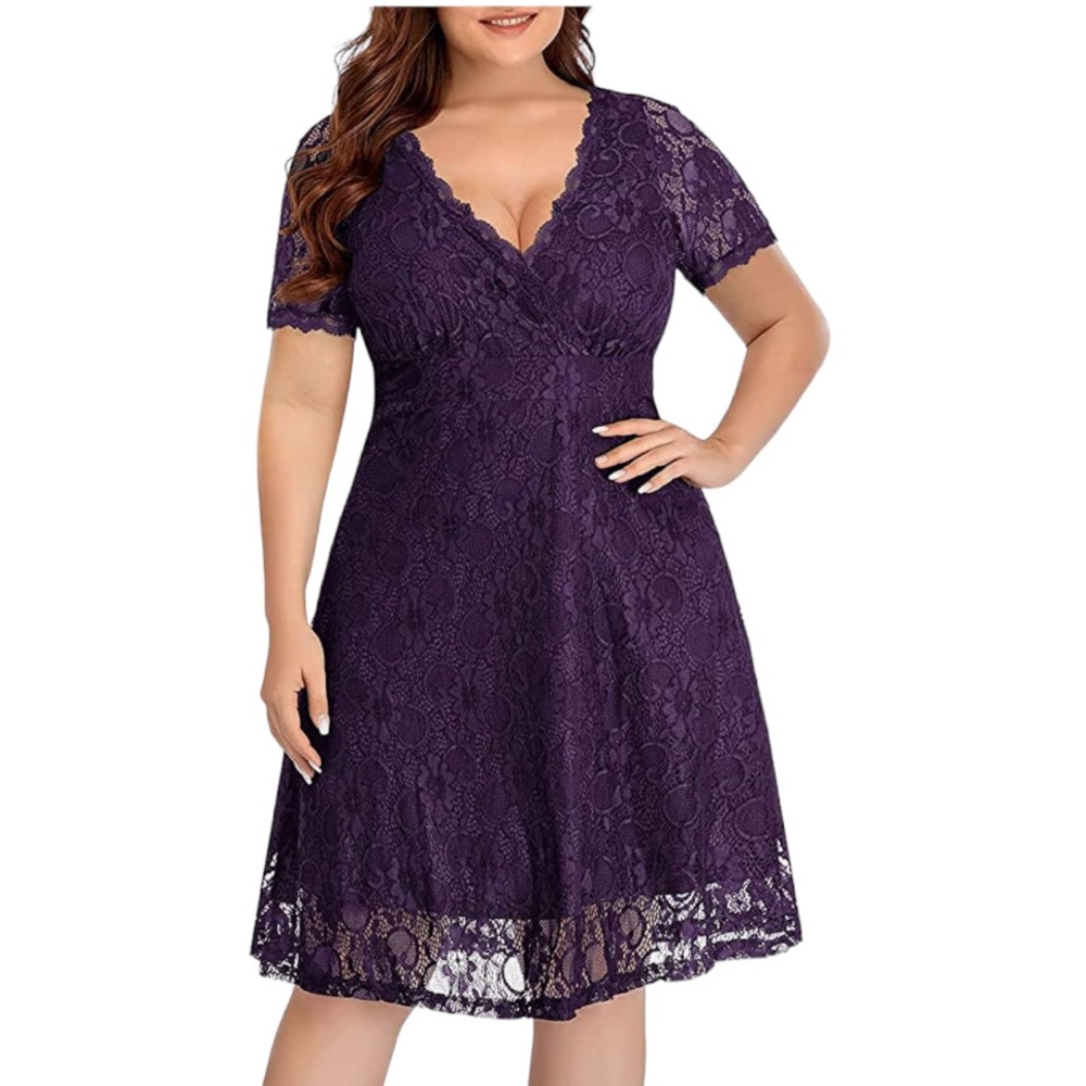 Purple Lace Wedding Guest Cocktail Formal V Neck Short Sleeve Midi Dress Size 26